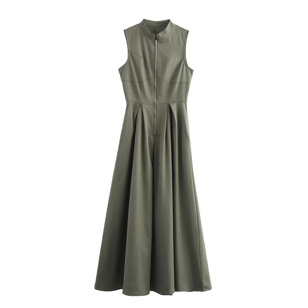 DRAPED ZIP SLEEVELESS MAXI DRESS