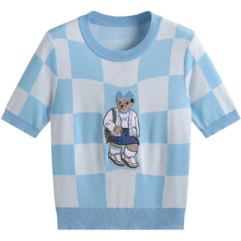 EUROPEAN STYLE LUXURY BEAR KNIT SHORT SLEEVE TOP