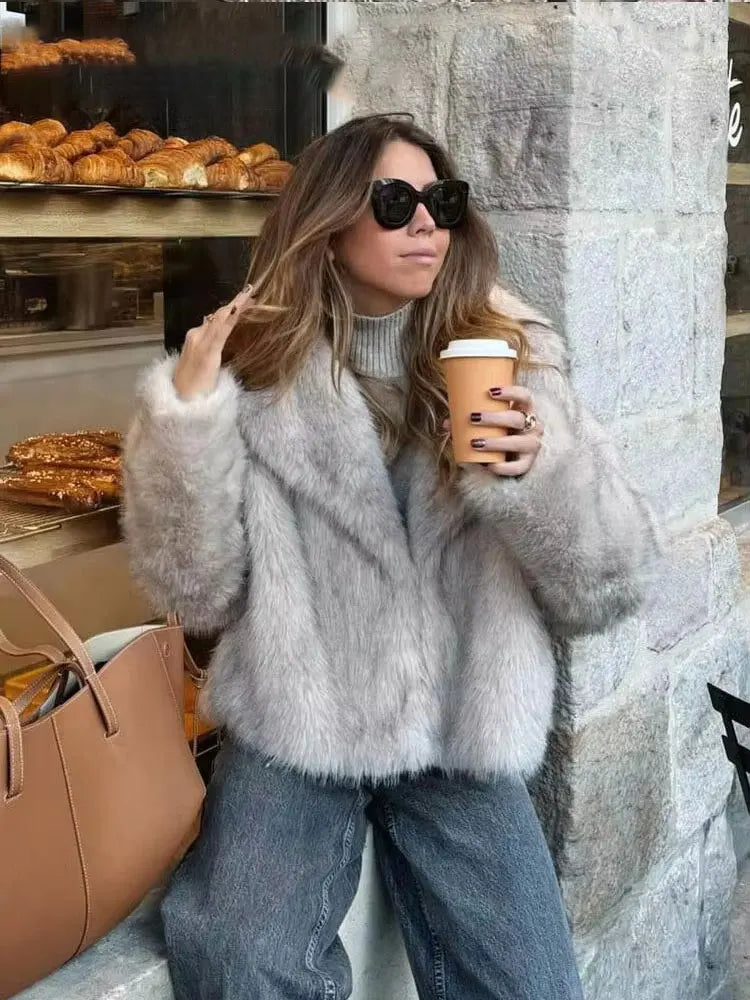 FAUX FUR COAT WITH LAPEL COLLAR