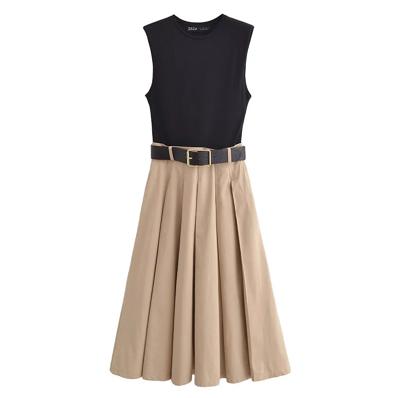 Geplooide midi-jurk met riem voor dames, mouwloos