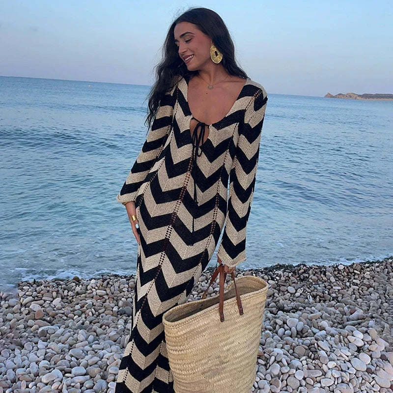 WOMEN'S STRIPED KNIT MAXI DRESS LACE-UP