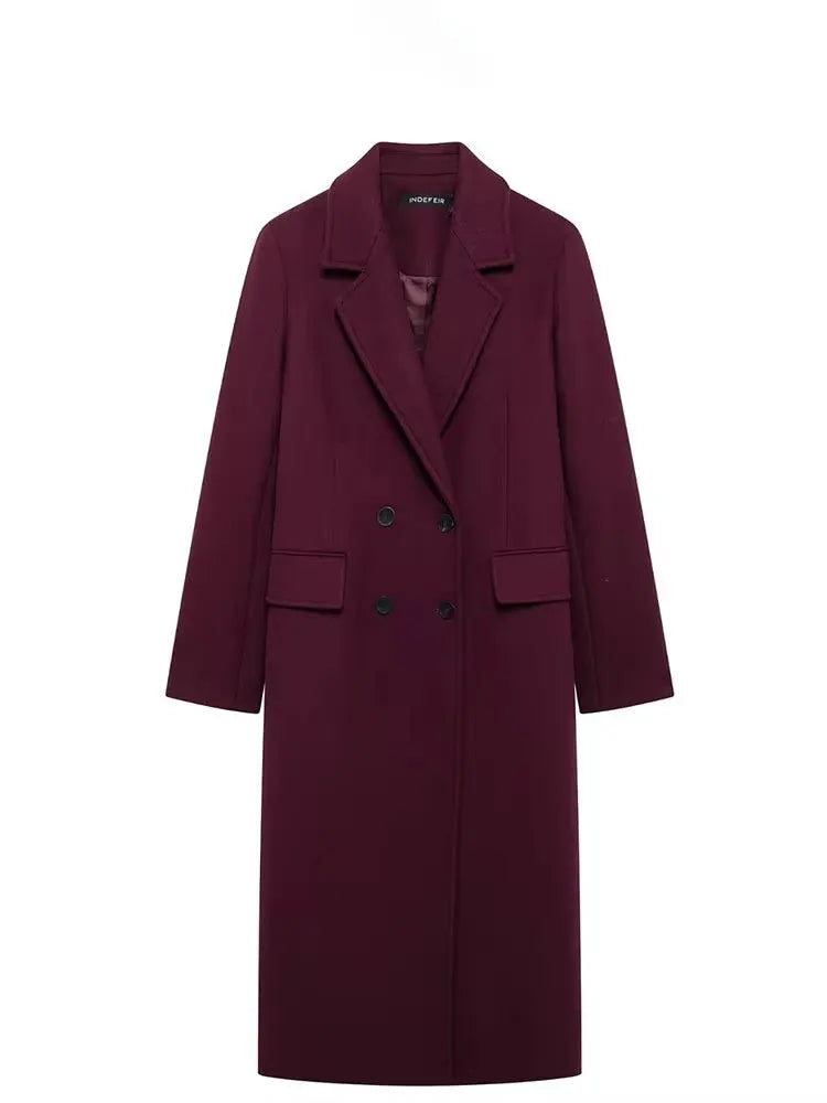 LONG BURGUNDY DOUBLE-BREASTED WOOL COAT