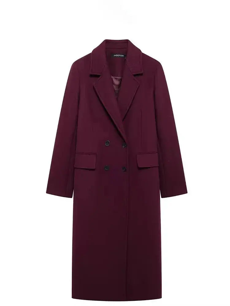LONG BURGUNDY DOUBLE-BREASTED WOOL COAT SOLELII