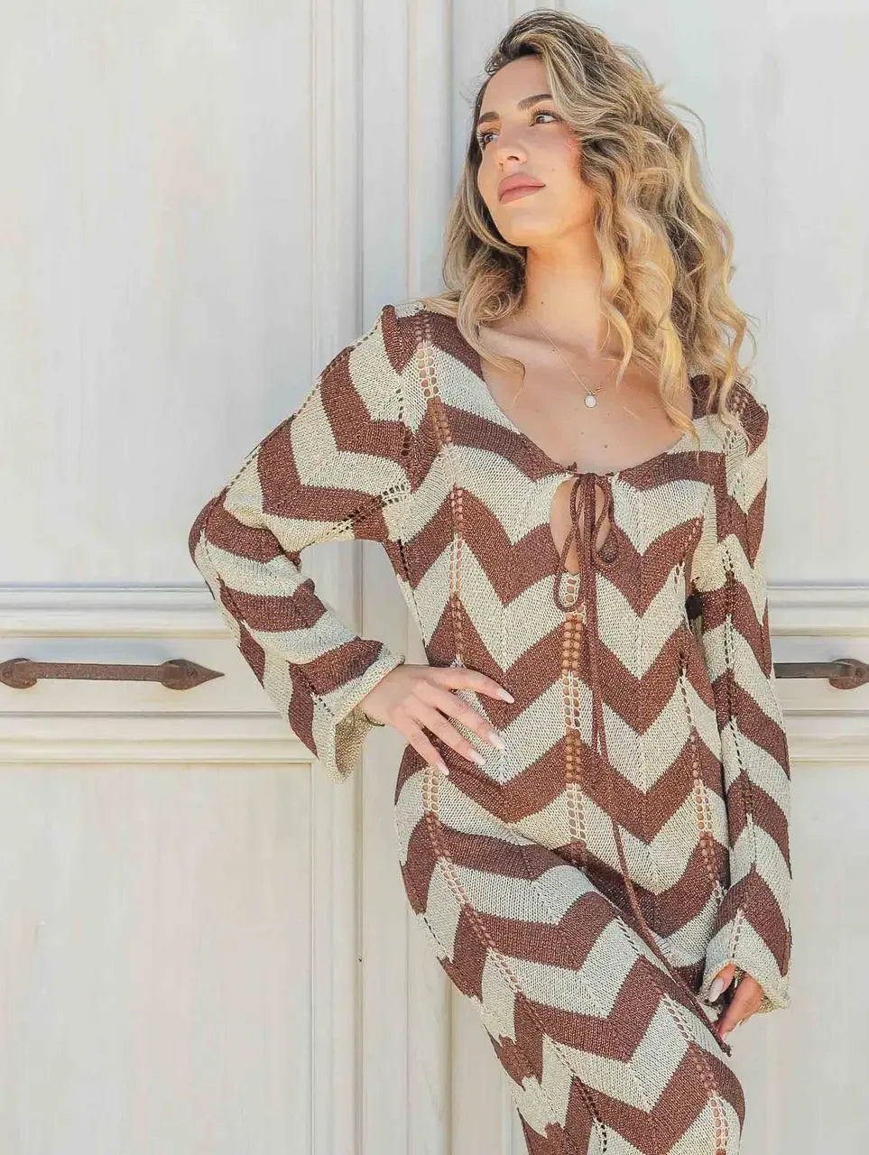 WOMEN'S STRIPED KNIT MAXI DRESS LACE-UP