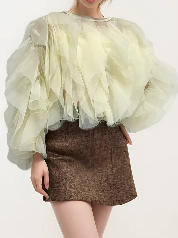 BLOUSE EN MOUSSELINE À VOLANTS AVEC MANCHES LANTERNE