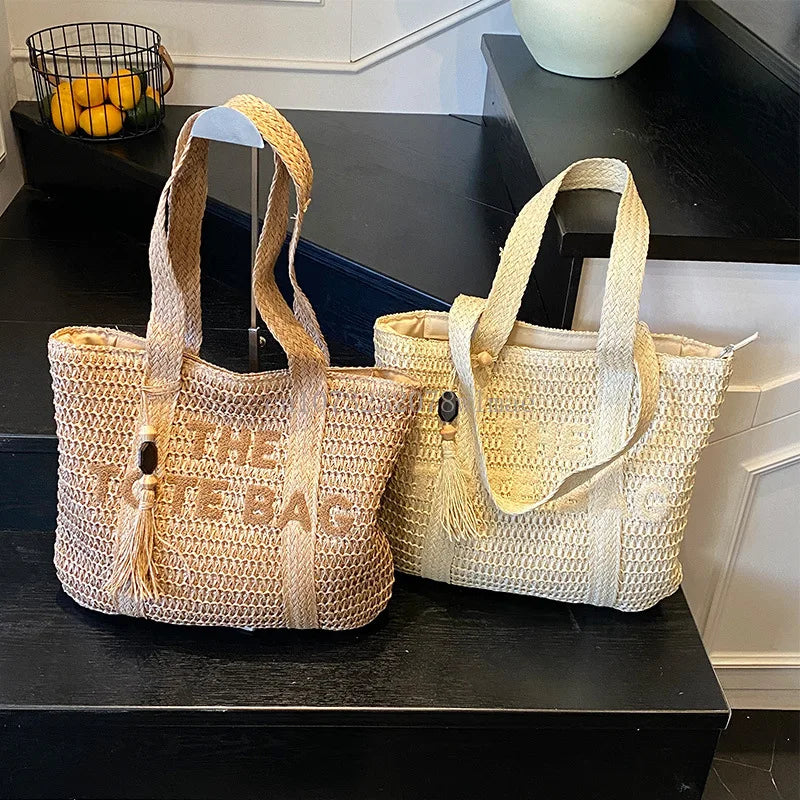 WOVEN STRAW LETTER EMBROIDERY TOTE