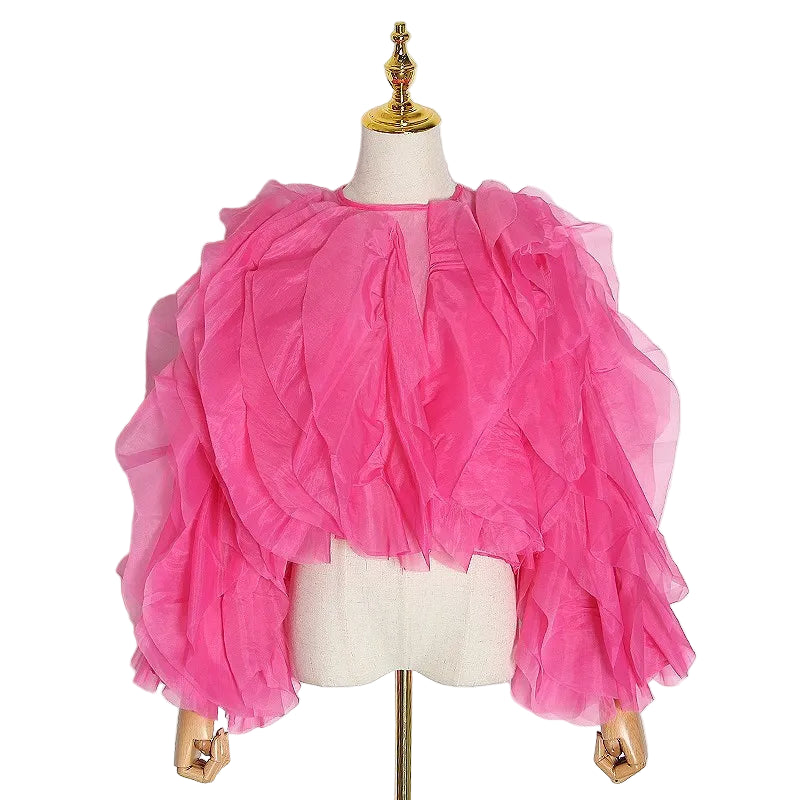BLOUSE EN MOUSSELINE À VOLANTS AVEC MANCHES LANTERNE