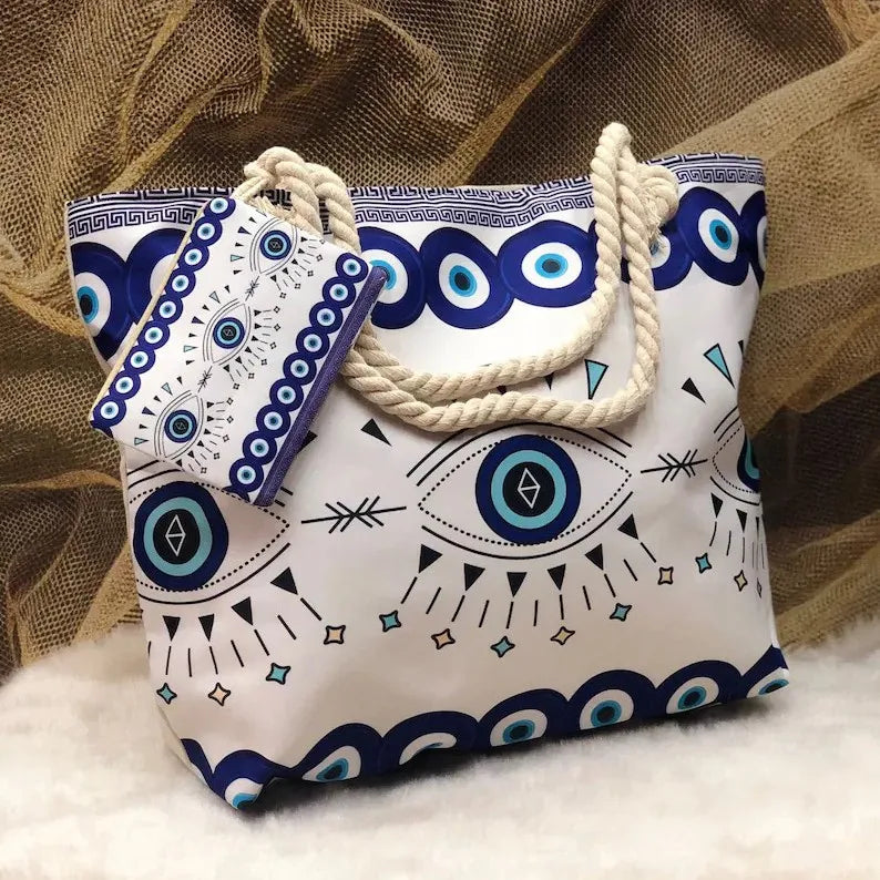 LARGE POLYESTER GREEK EYE BEACH BAG