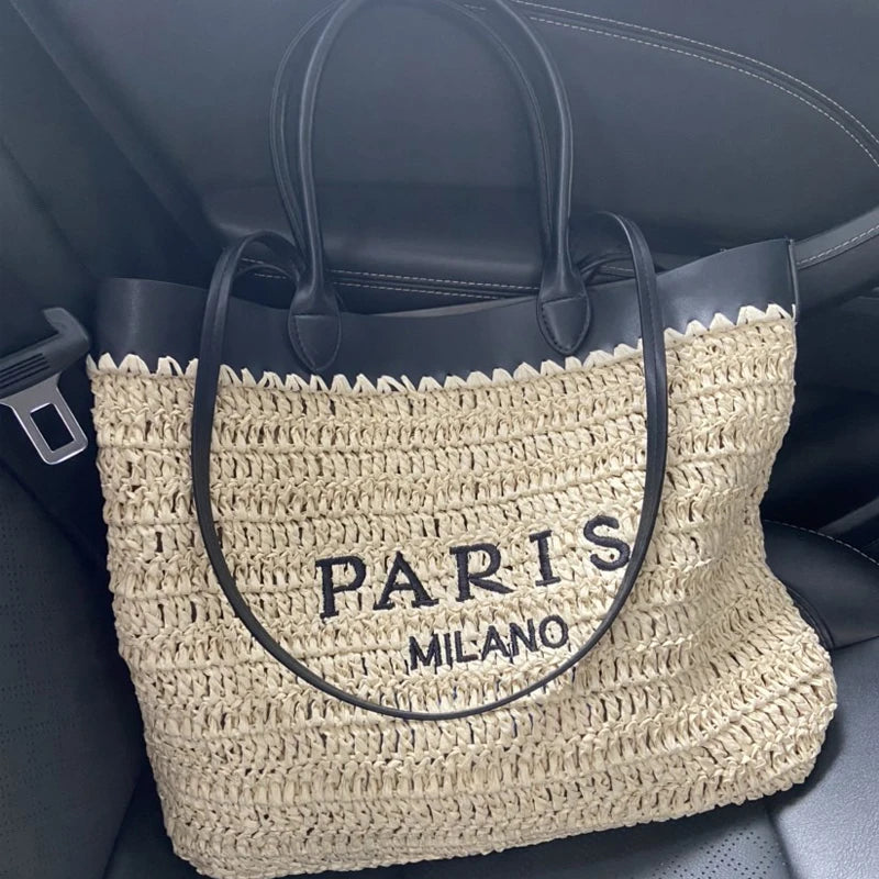 LUXURY PATCHWORK STRAW BAG FOR SUMMER BEACH
