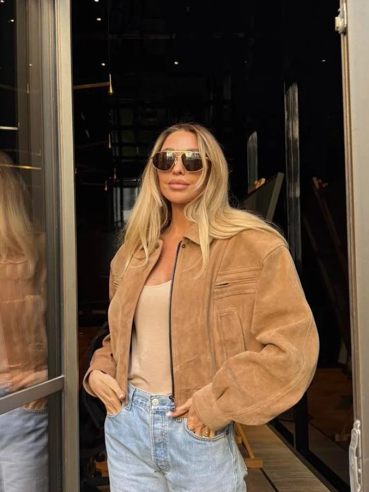 CROPPED SUEDE JACKET WITH ZIPPER