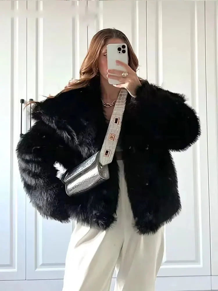 FAUX FUR COAT WITH LAPEL COLLAR