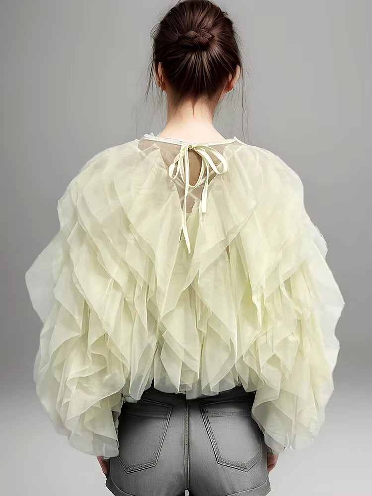 BLOUSE EN MOUSSELINE À VOLANTS AVEC MANCHES LANTERNE