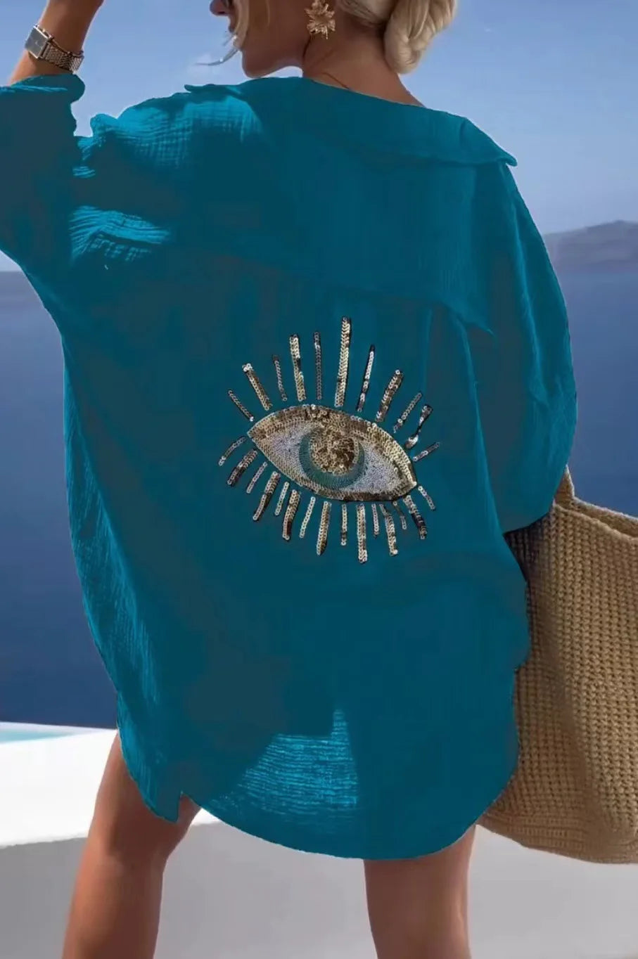 CASUAL BRIGHT SEQUIN EVIL EYE LONG BLOUSE