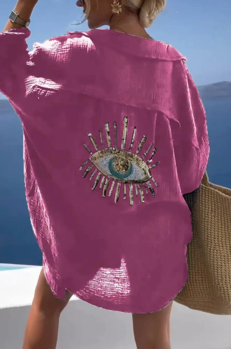 CASUAL BRIGHT SEQUIN EVIL EYE LONG BLOUSE