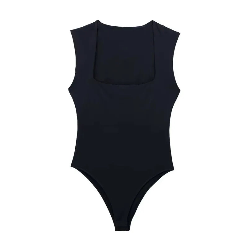 BLACK SLEEVELESS BODYSUIT WITH SQUARE NECKLINE  WIDE STRAPS BODYCON
