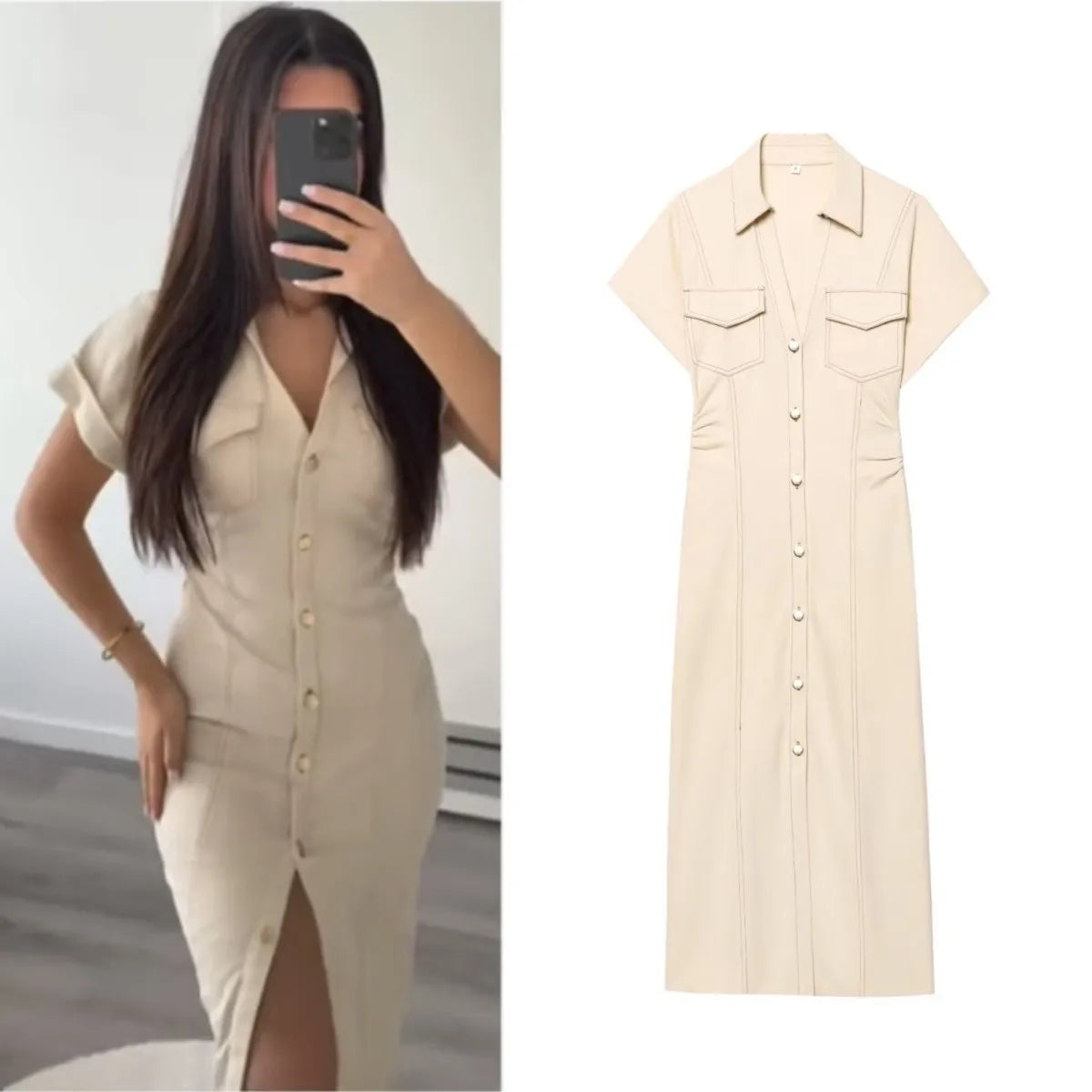 ELEGANT JEANS MIDI DRESS WITH NECKLINE