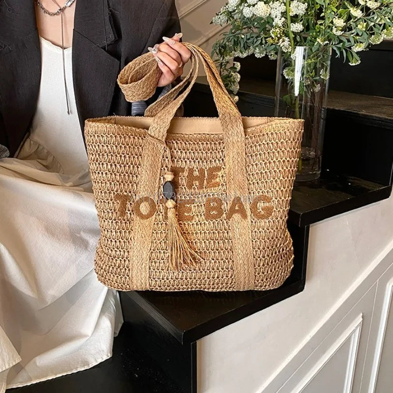 WOVEN STRAW LETTER EMBROIDERY TOTE