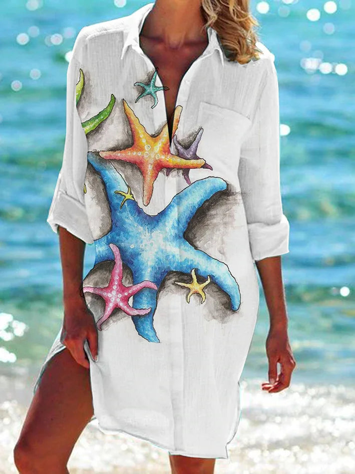 OCEAN PRINT LONG SLEEVE BLOUSE