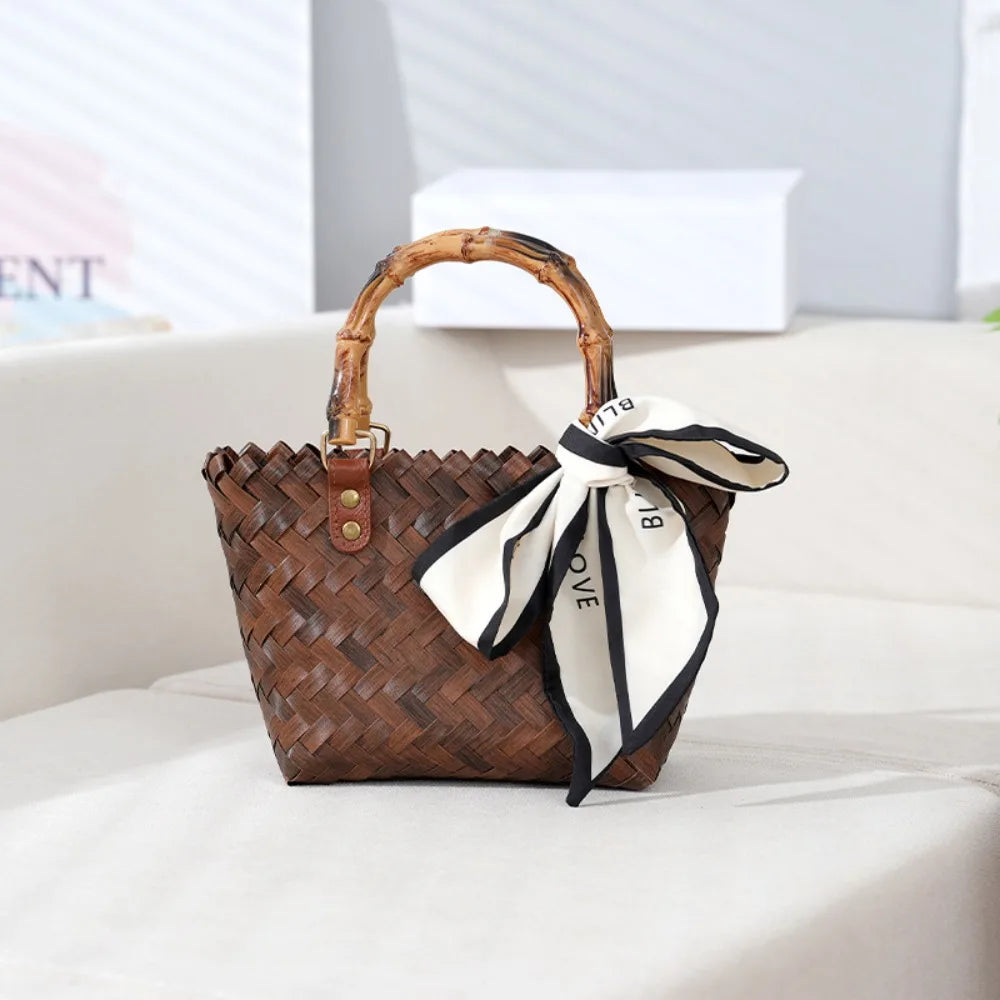 WOVEN BAMBOO-HANDLE CROCHET TOTE