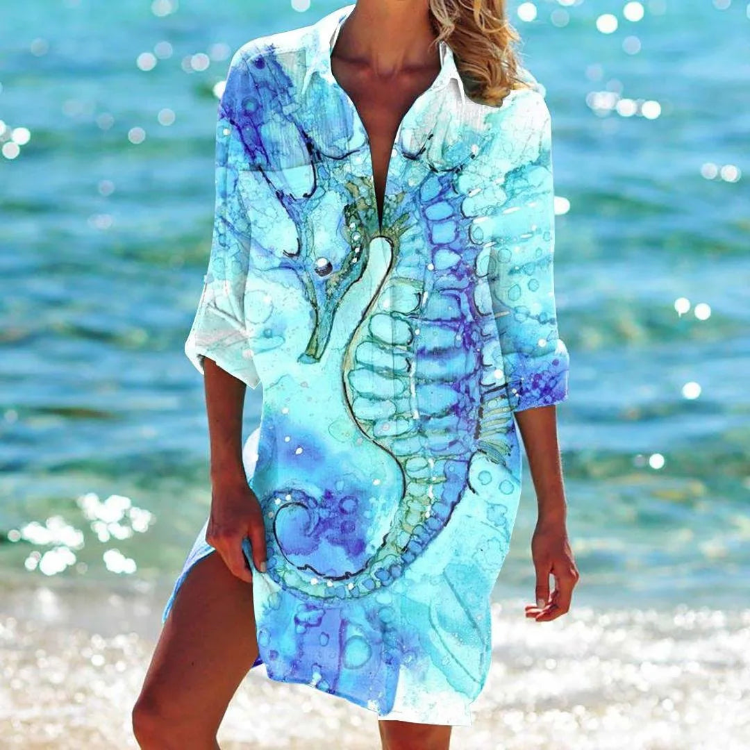 OCEAN PRINT LONG SLEEVE BLOUSE