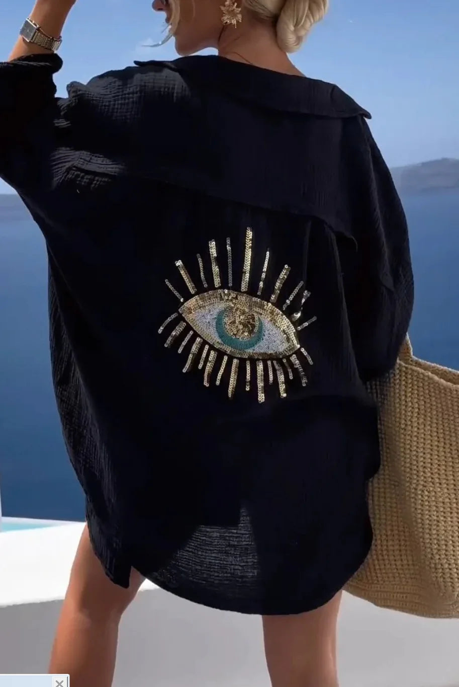 CASUAL BRIGHT SEQUIN EVIL EYE LONG BLOUSE