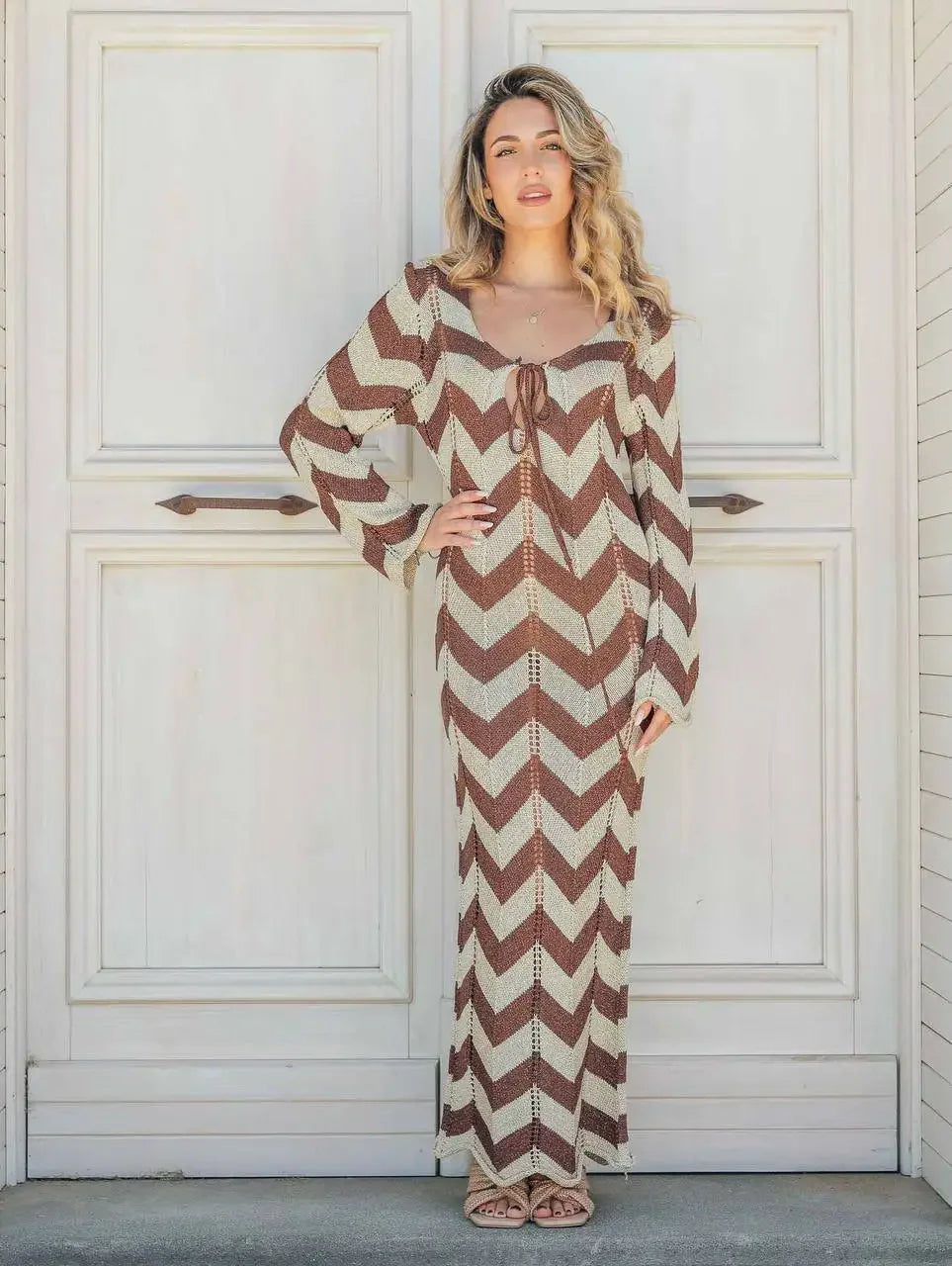 WOMEN'S STRIPED KNIT MAXI DRESS LACE-UP