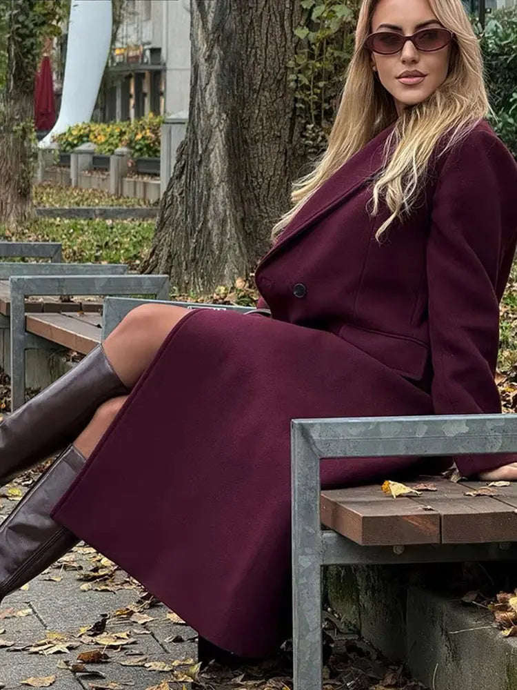LONG BURGUNDY DOUBLE-BREASTED WOOL COAT