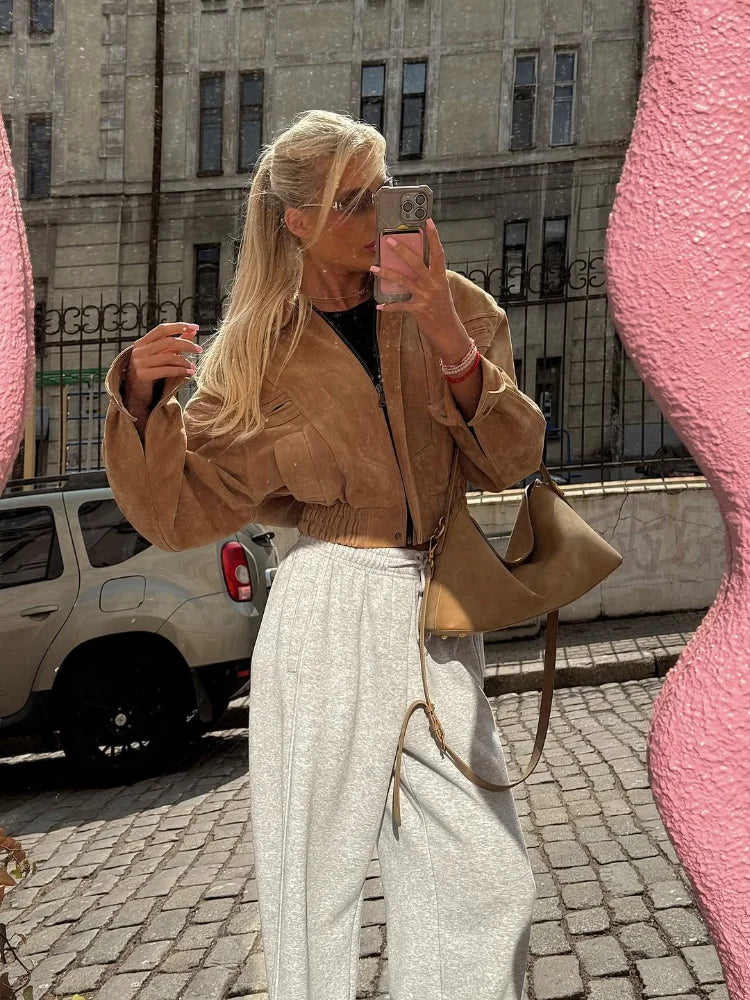 CROPPED SUEDE JACKET WITH ZIPPER