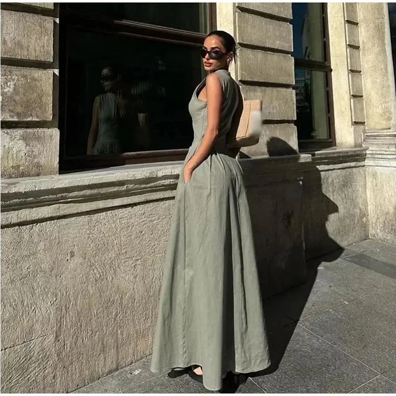 DRAPED ZIP SLEEVELESS MAXI DRESS