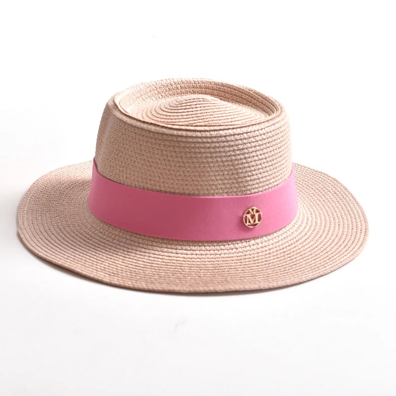 WOMEN’S STRAW SUN HAT WITH FLAT BRIM & RIBBON