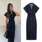 DENIM MIDI DRESS WITH LAPEL AND SIDE ZIPPER Test