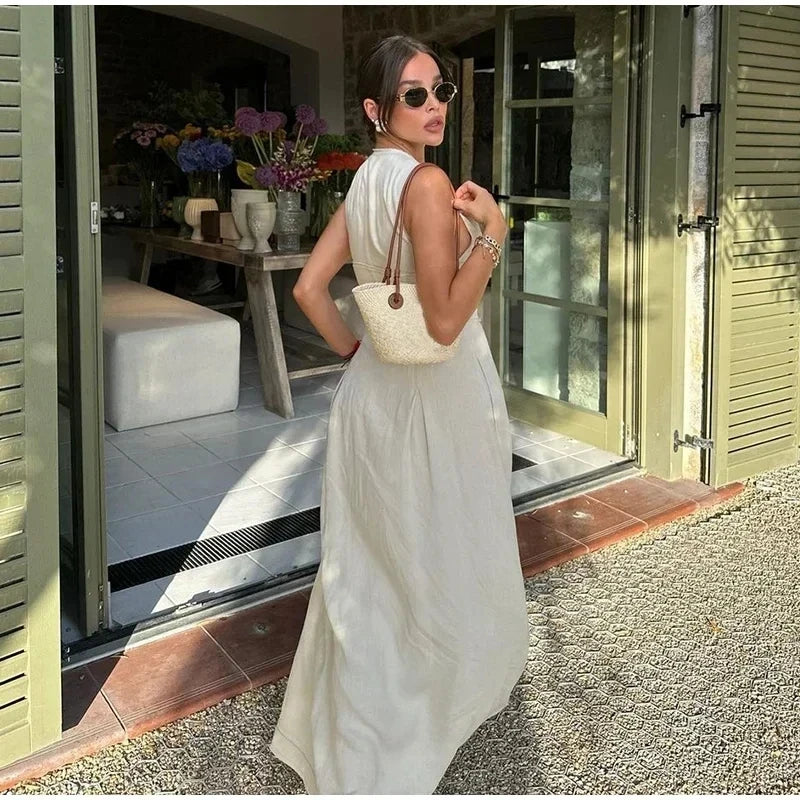 DRAPED ZIP SLEEVELESS MAXI DRESS