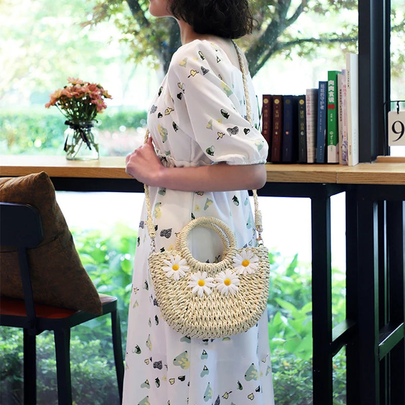 HANDWOVEN HALF-MOON STRAW BASKET BAG