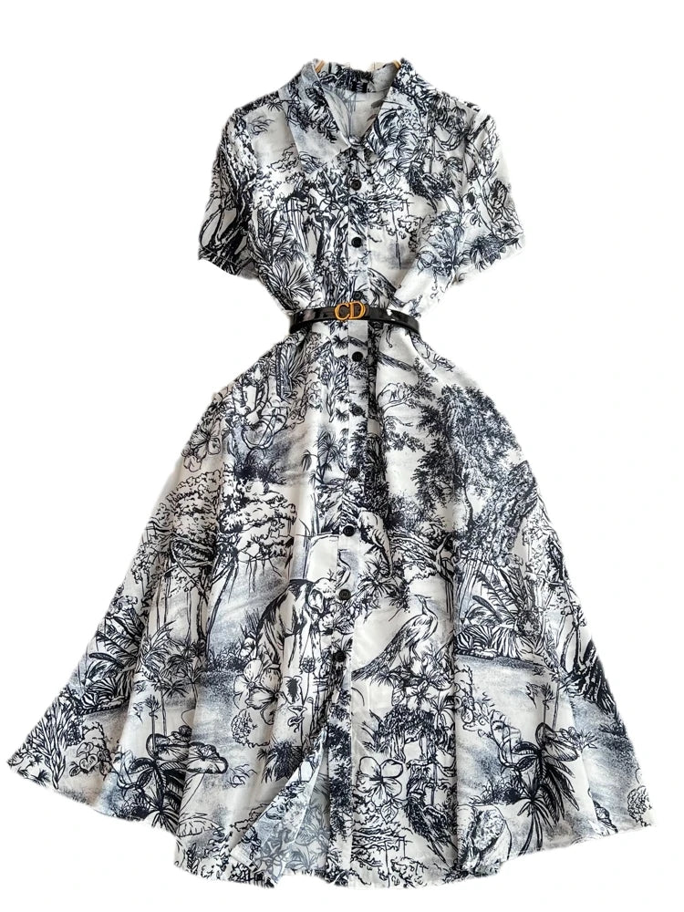 INK PRINT WAISTED MIDI DRESS