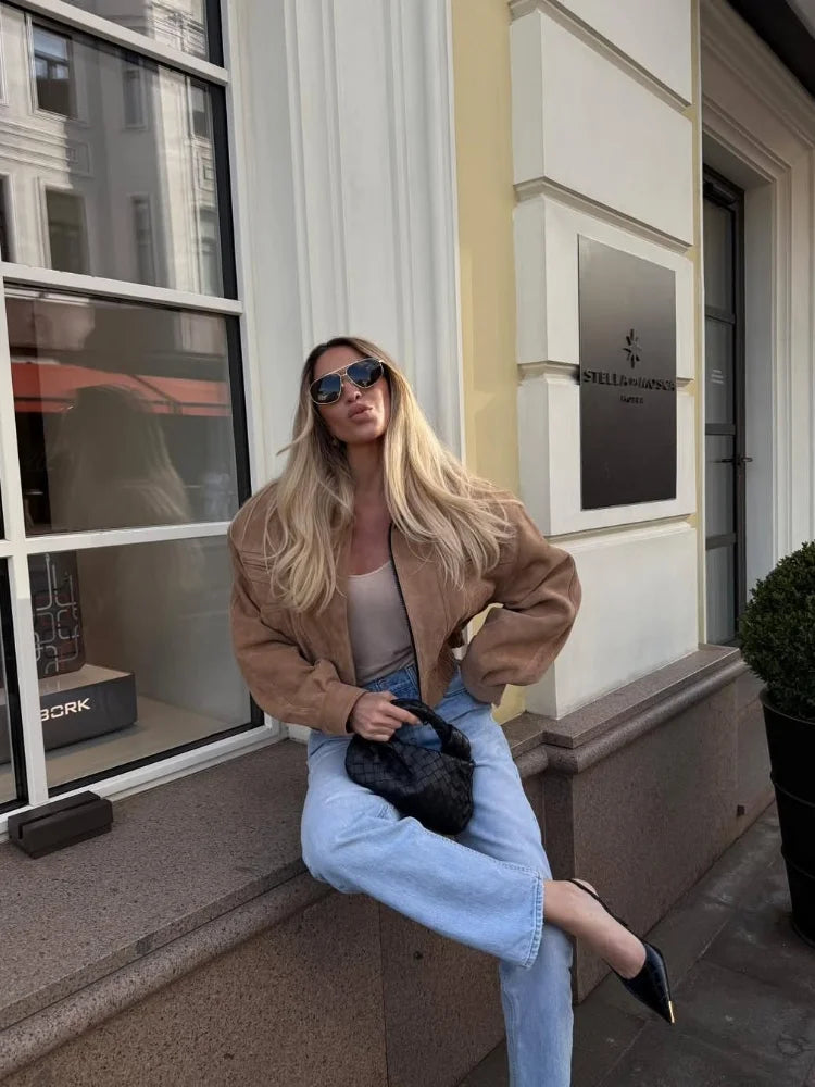 CROPPED SUEDE JACKET WITH ZIPPER