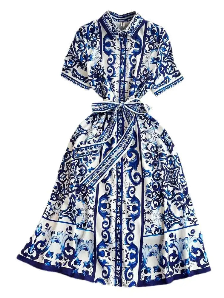 BLUE WHITE PORCELAIN FLORAL MIDI DRESS