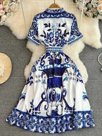 BLUE WHITE PORCELAIN FLORAL MIDI DRESS SOLELII