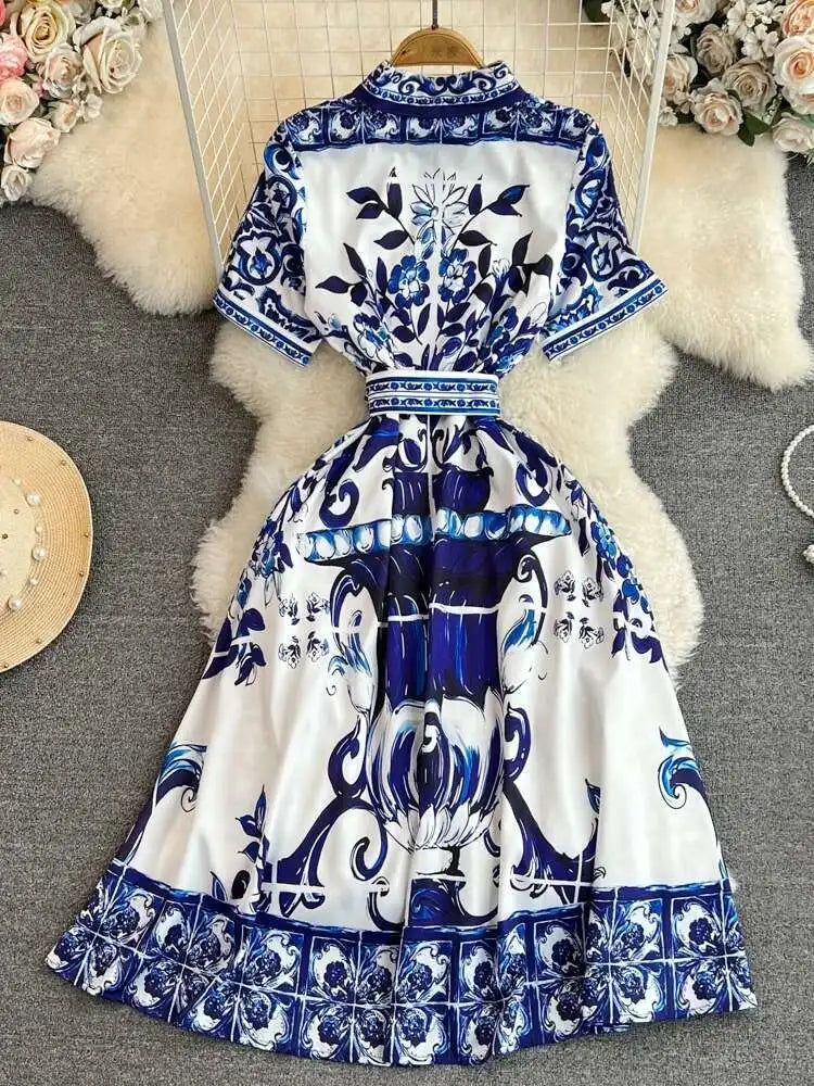 BLUE WHITE PORCELAIN FLORAL MIDI DRESS