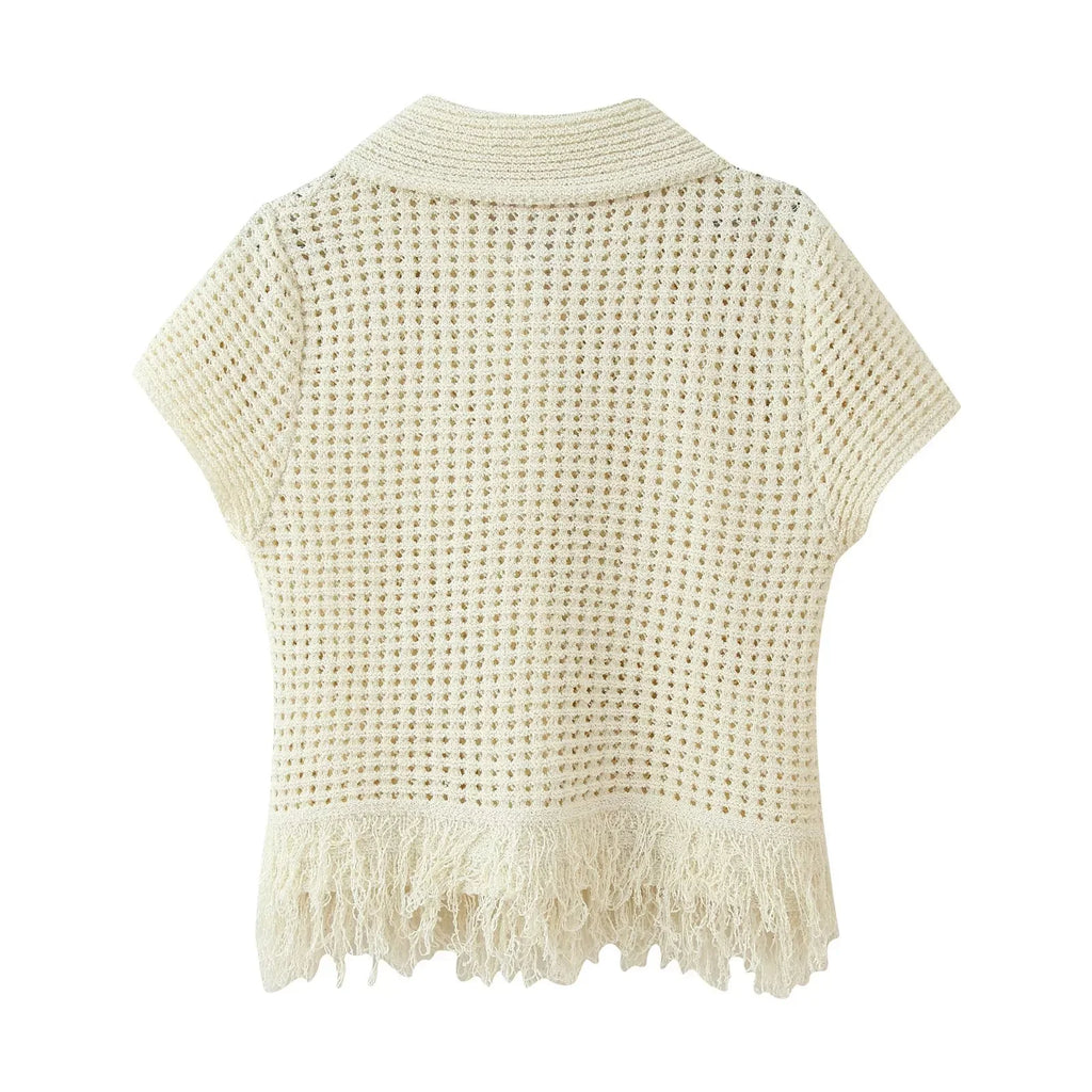 KNIT TASSEL HOLLOW-OUT SHIRT & MINI SKIRT SET