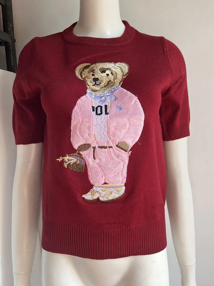 EUROPEAN STYLE LUXURY BEAR KNIT SHORT SLEEVE TOP