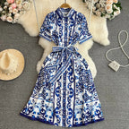 BLUE WHITE PORCELAIN FLORAL MIDI DRESS SOLELII