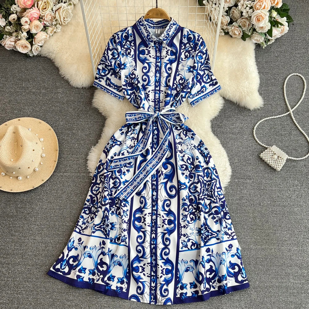BLUE WHITE PORCELAIN FLORAL MIDI DRESS