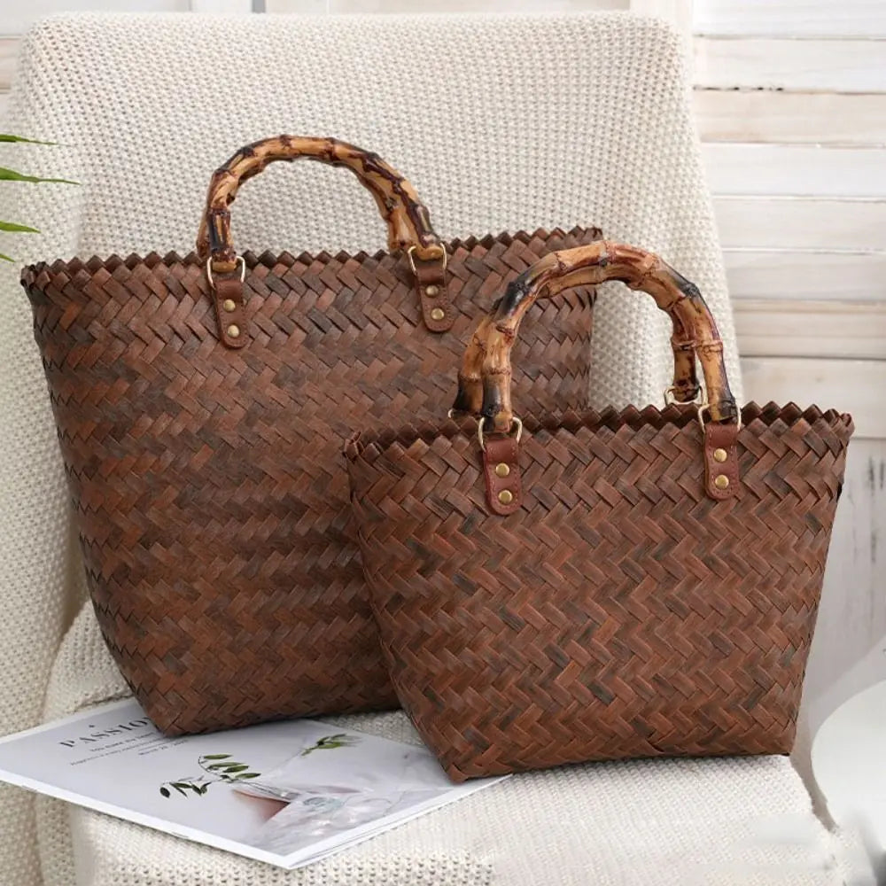WOVEN BAMBOO-HANDLE CROCHET TOTE