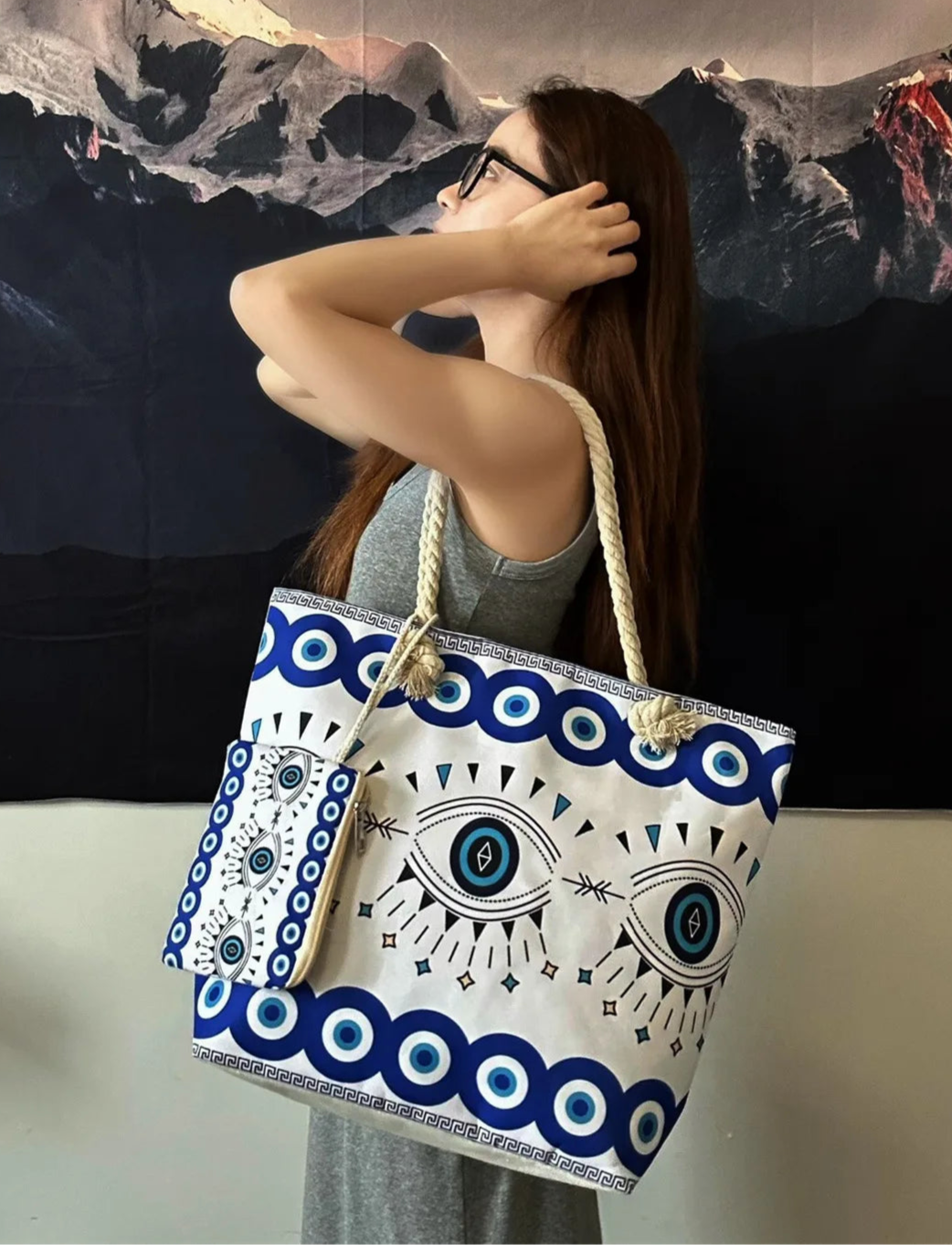 LARGE POLYESTER GREEK EYE BEACH BAG