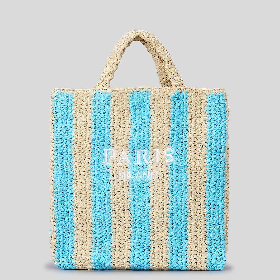 STRIPED STRAW WOVEN TOTE BAG