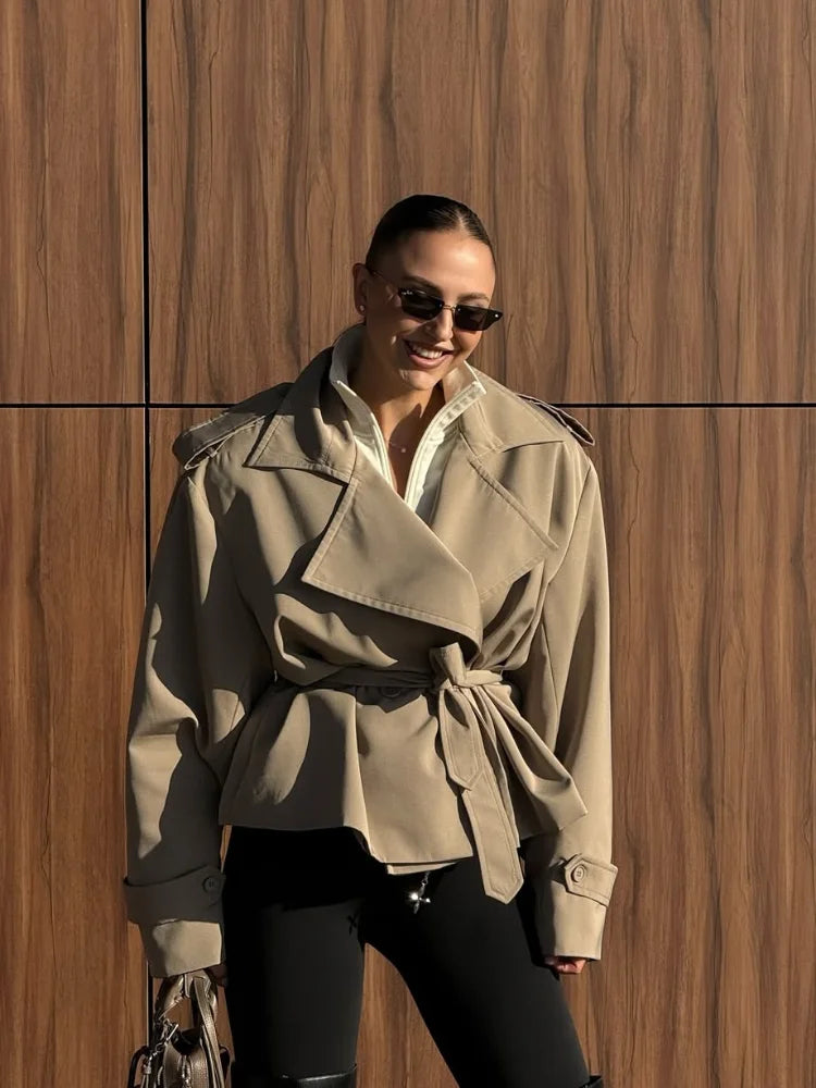 CROPPED KHAKI TRENCH COAT WITH BELT