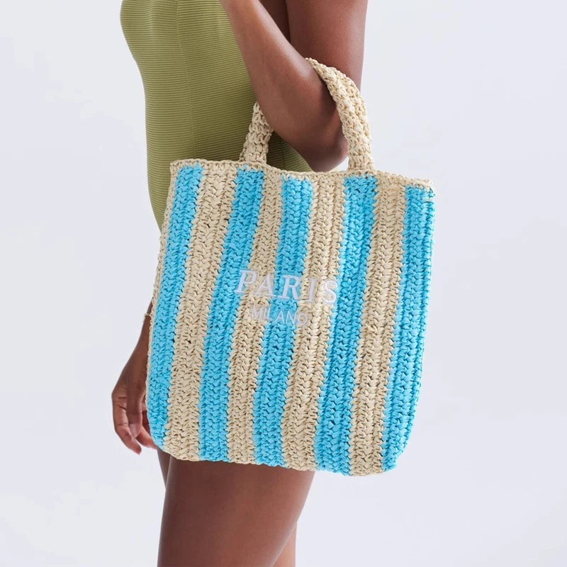 STRIPED STRAW WOVEN TOTE BAG