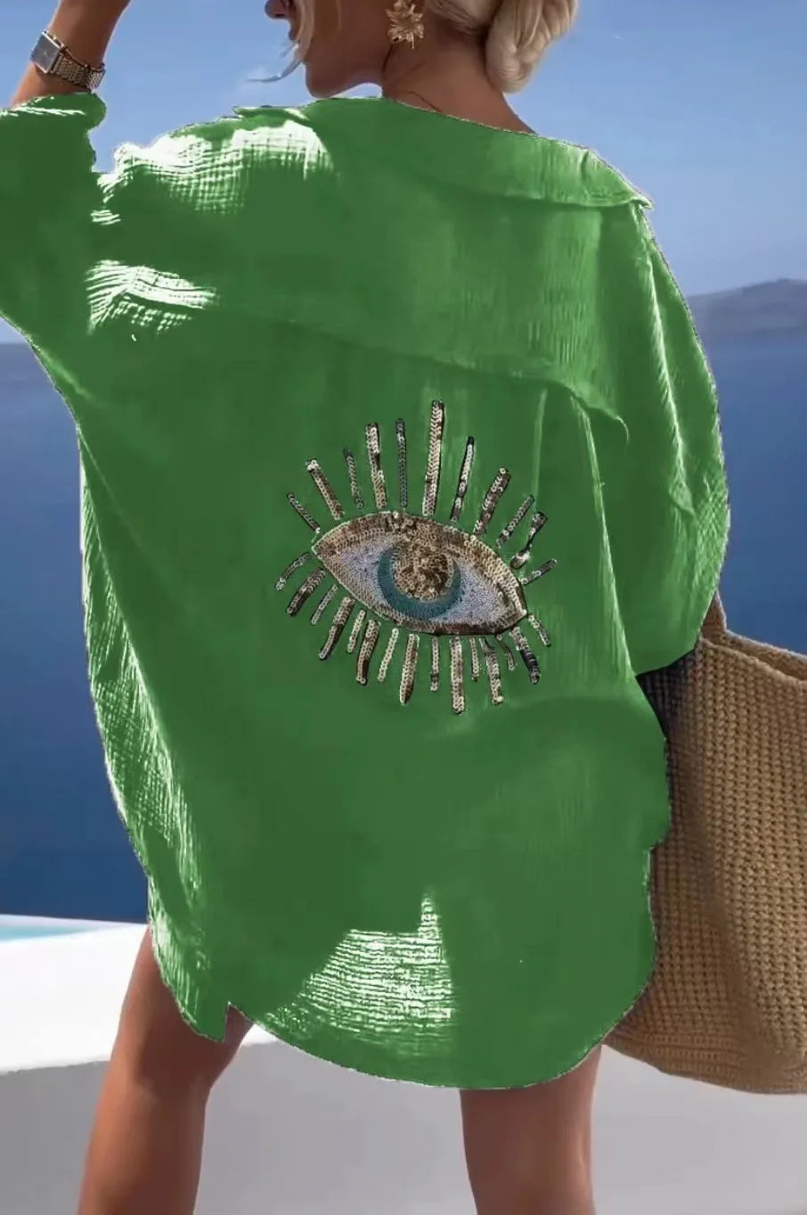CASUAL BRIGHT SEQUIN EVIL EYE LONG BLOUSE