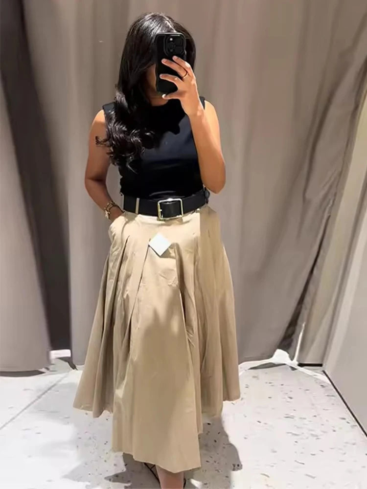 PATCHWORK PLEATED SLEEVELESS MIDI DRESS WITH BELT