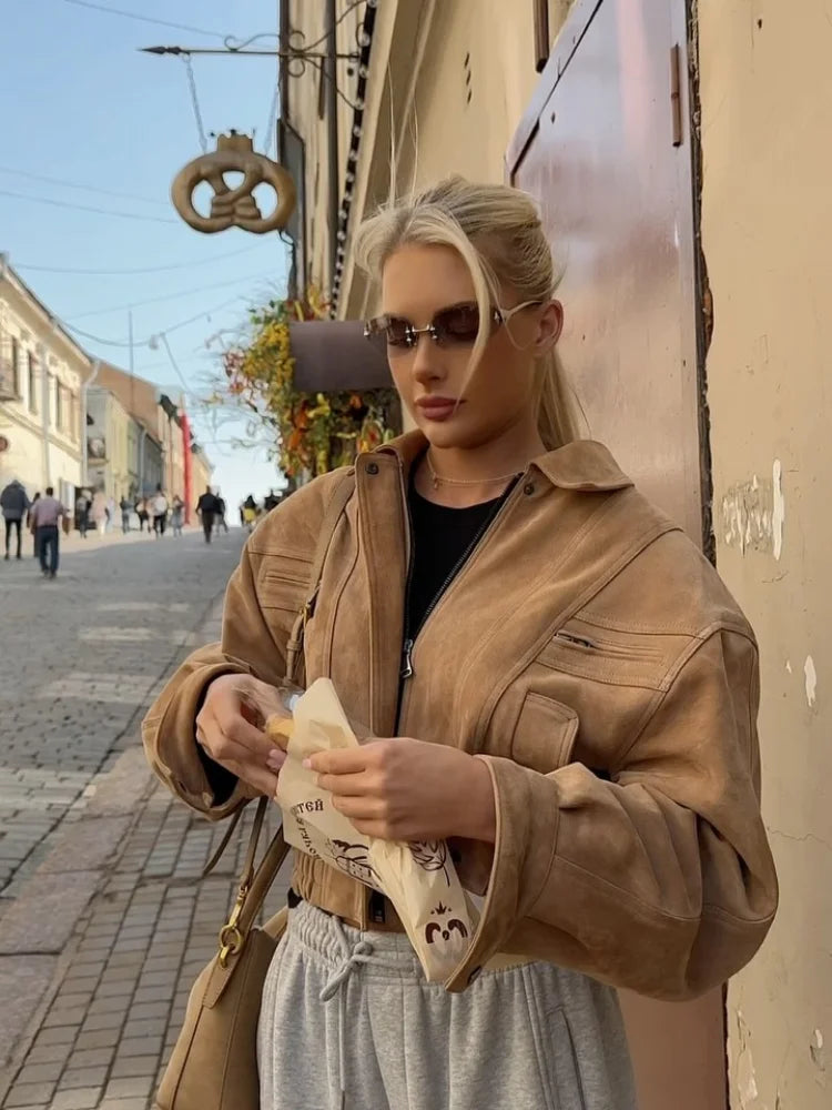 CROPPED SUEDE JACKET WITH ZIPPER